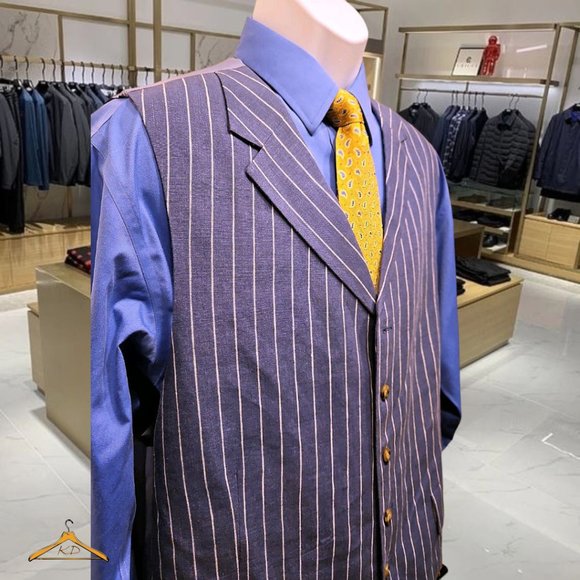 Paul Fredrick Linen Vest - XL, Indigo Blue & White Stripes, With Lapels - NWOT - Picture 1 of 6